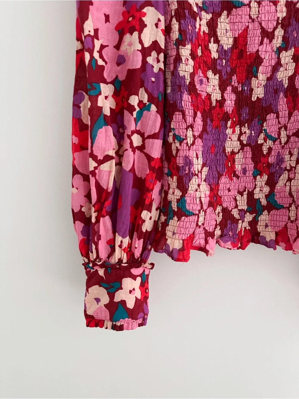 Free People Ariana Printed Top Floral Smocked Long Sleeve Feminine Boho Size L